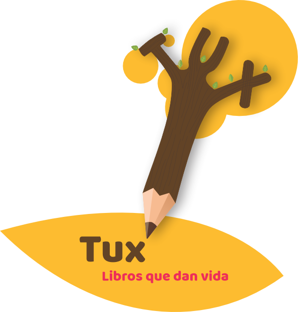 Diseño, un árbol en forma de lápiz escribe la palabra Tux, libros que dan vida.